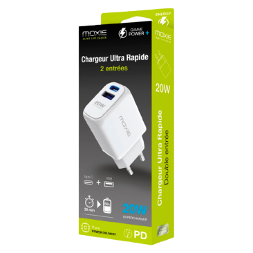 Chargeur Secteur USB Ultra rapide QC/PD USB-A-C 20W
