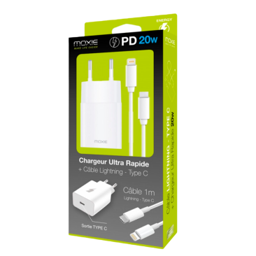 Chargeur Secteur entrée type-C Power Delivery 20W+Câble Lightning/USB-C
