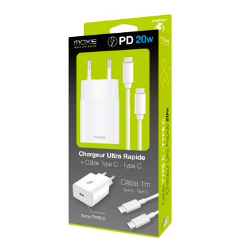 Chargeur Secteur entrée type-C Power Delivery 20W+Câble USB-C/USB-C